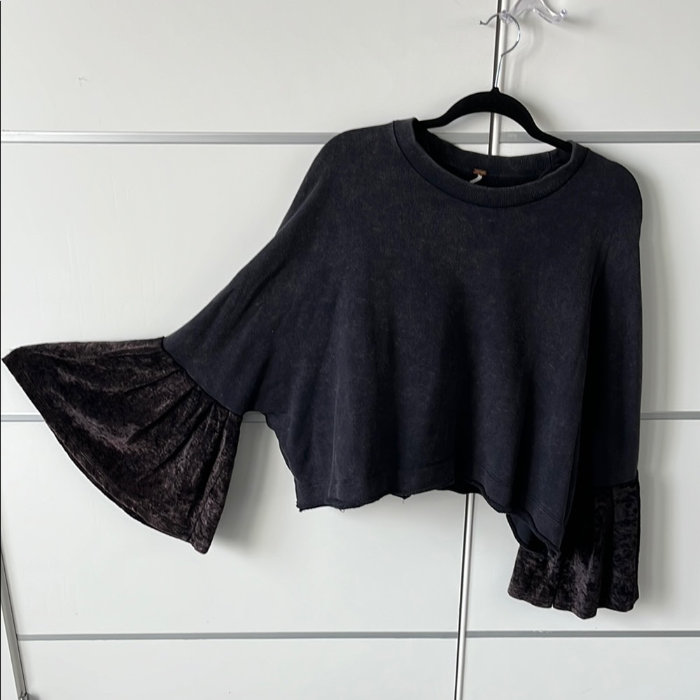 Free People Black Cropped Bell Sleeve Pullover